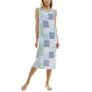Roudelain Medium White & Blue Patchwork Printed Sleeveless Soft Nightgown NWT
